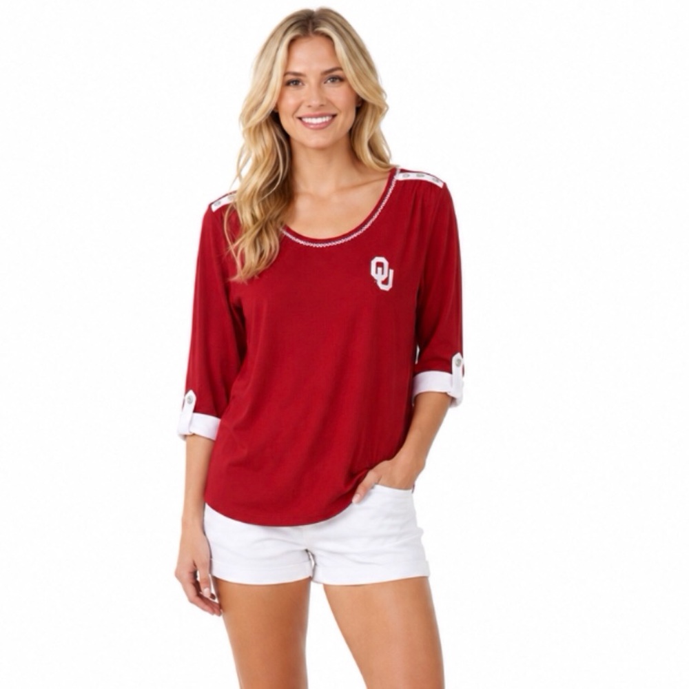 Oklahoma Sooners Womens Top Size Medium Relaxed Fit Shirt Roll Up Sleeves Shirt